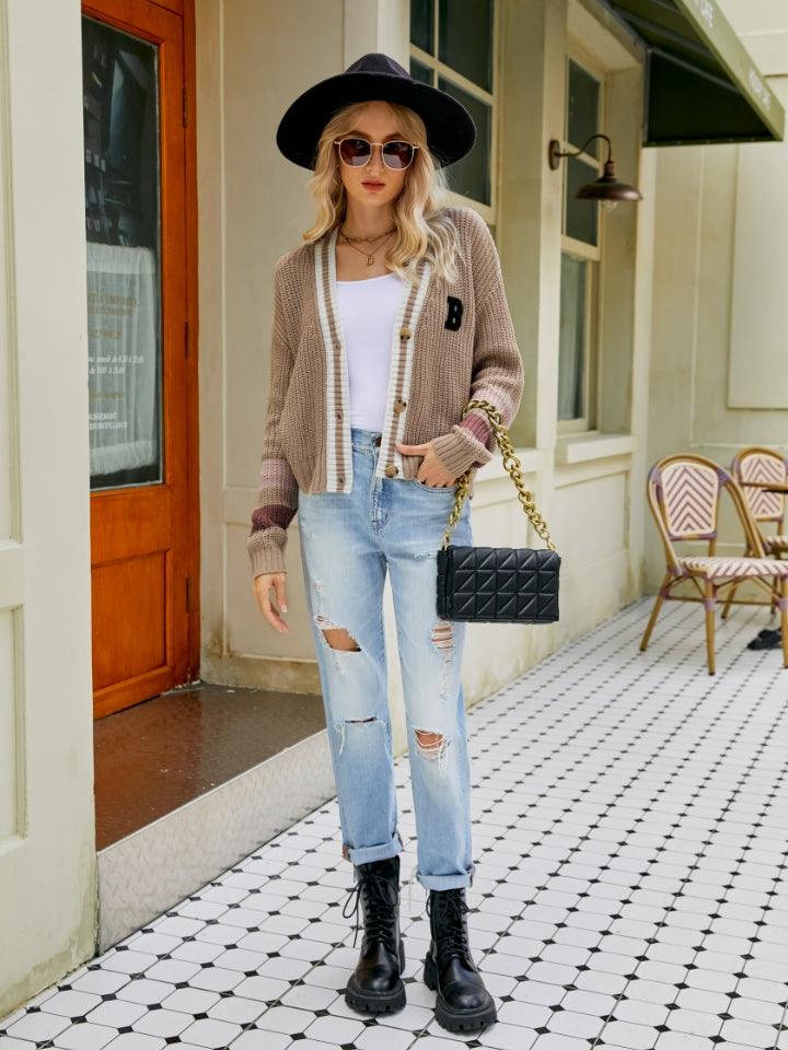Contrast Button Up Dropped Shoulder Cardigan Carauana Store