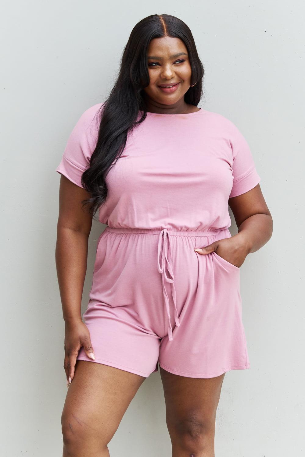 Zenana Chilled Out Full Size Short Sleeve Romper in Light Carnation Pink Carauana Store