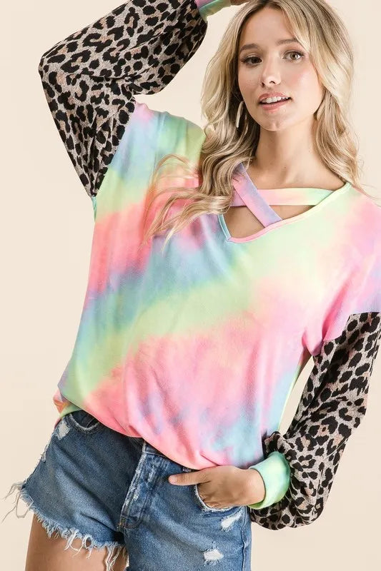 BiBi Tie Dye Terry Top with Leopard Puff Sleeves Carauana Store