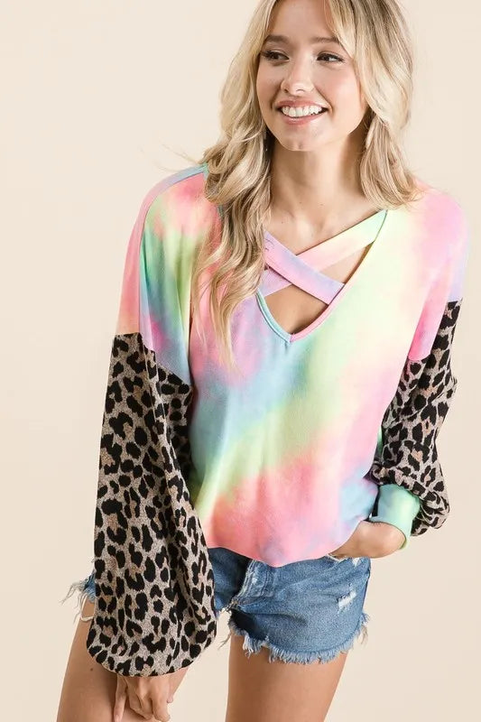 BiBi Tie Dye Terry Top with Leopard Puff Sleeves Carauana Store