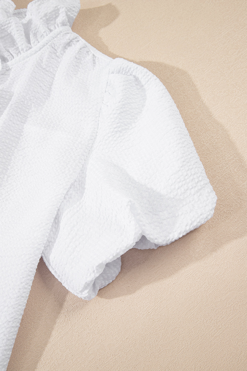 White Striped Ruffle Short Bubble Sleeve Shirt