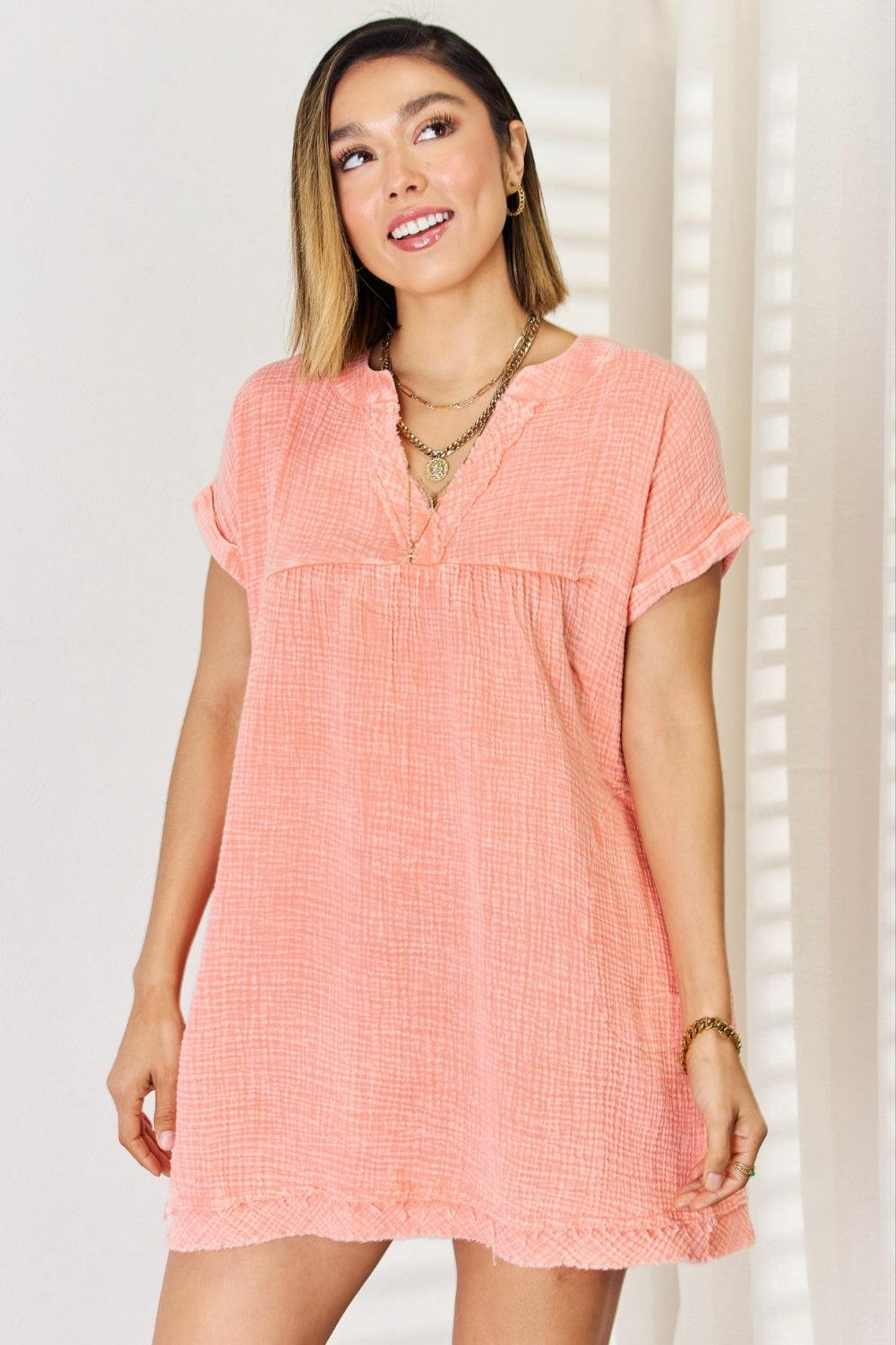 Zenana Washed Nochted Rolled Short Sleeve Dress Carauana Store