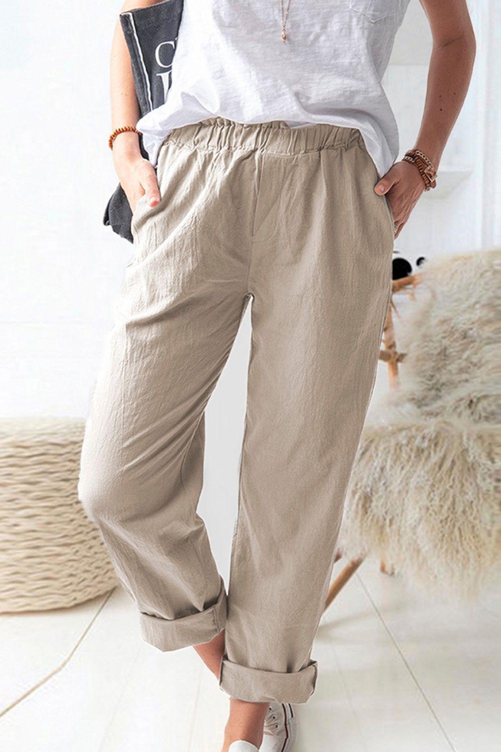 Paperbag Waist Pull-On Pants with Pockets Carauana Store