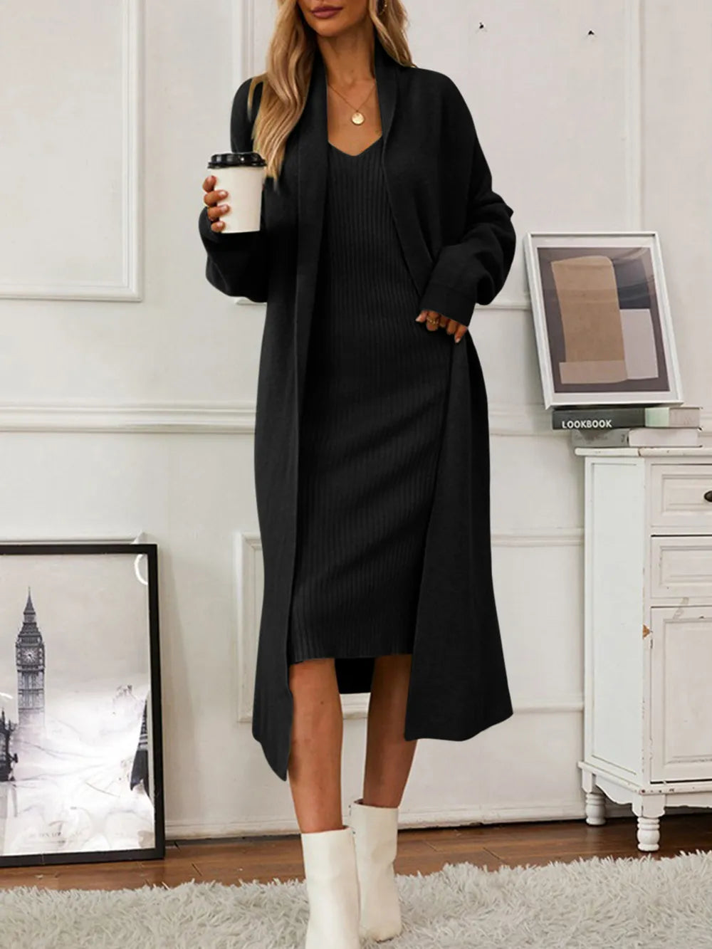 V-Neck Cami Dress and Open Front Cardigan Sweater Set Carauana Store
