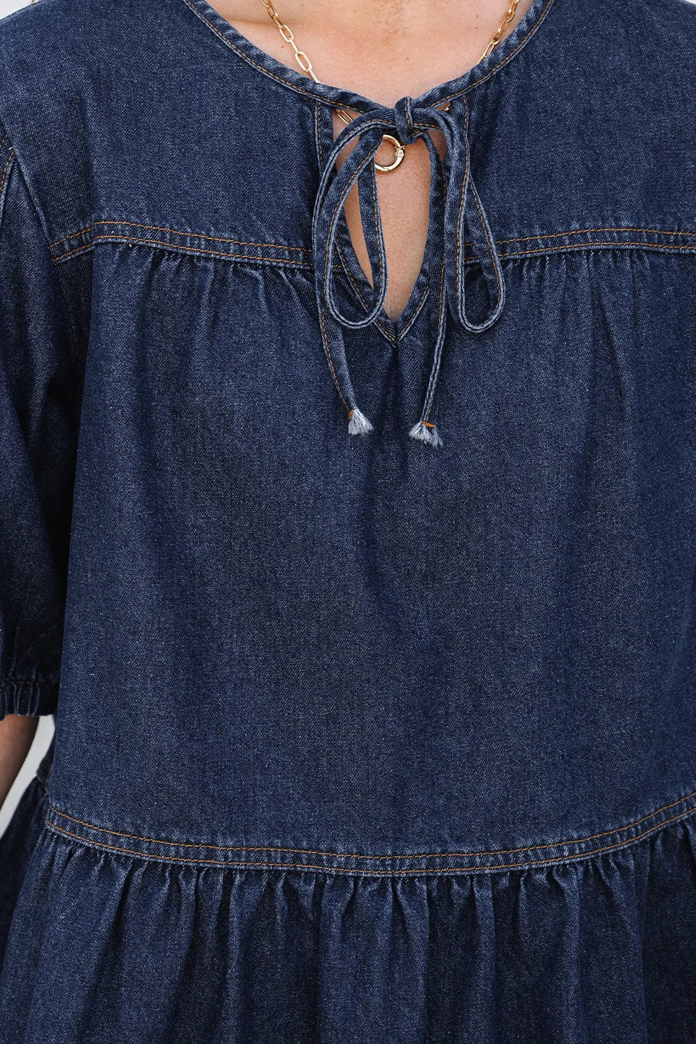 Tie Neck Babydoll Denim Top Carauana Store