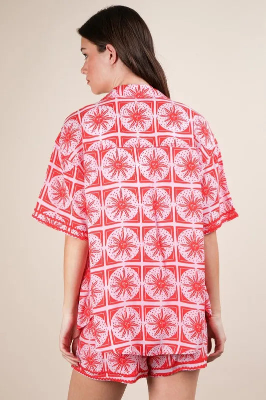 VERY J Full Size Tropical Printed Shirt Top and Shorts Set Plus Size Carauana Store
