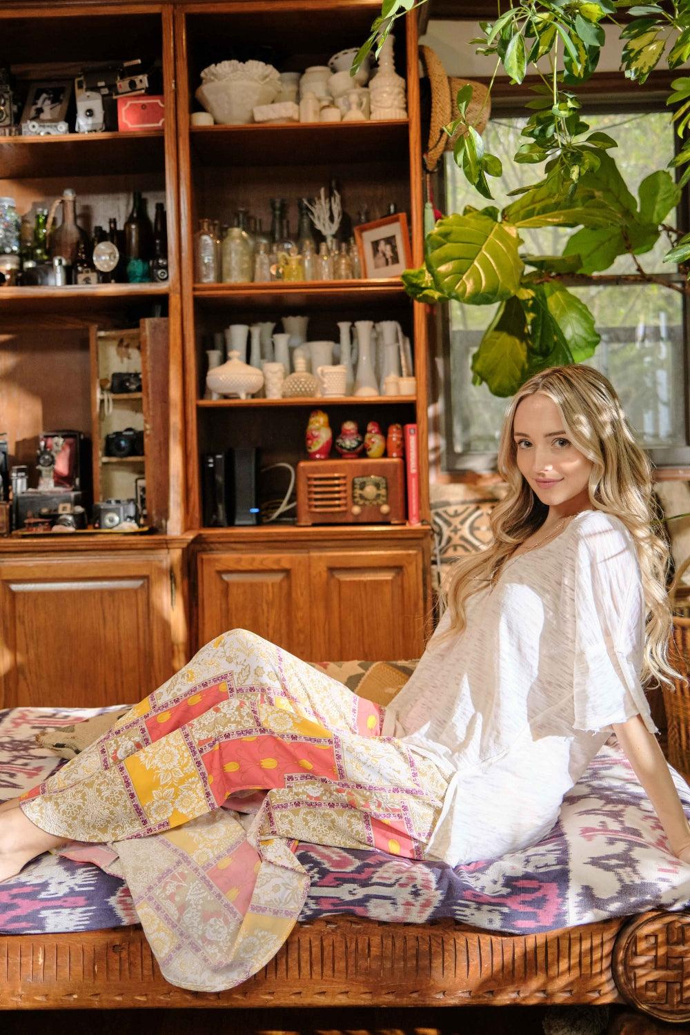 And The Why Printed Smocking Waist Side Slit Wide Leg Pants Carauana Store