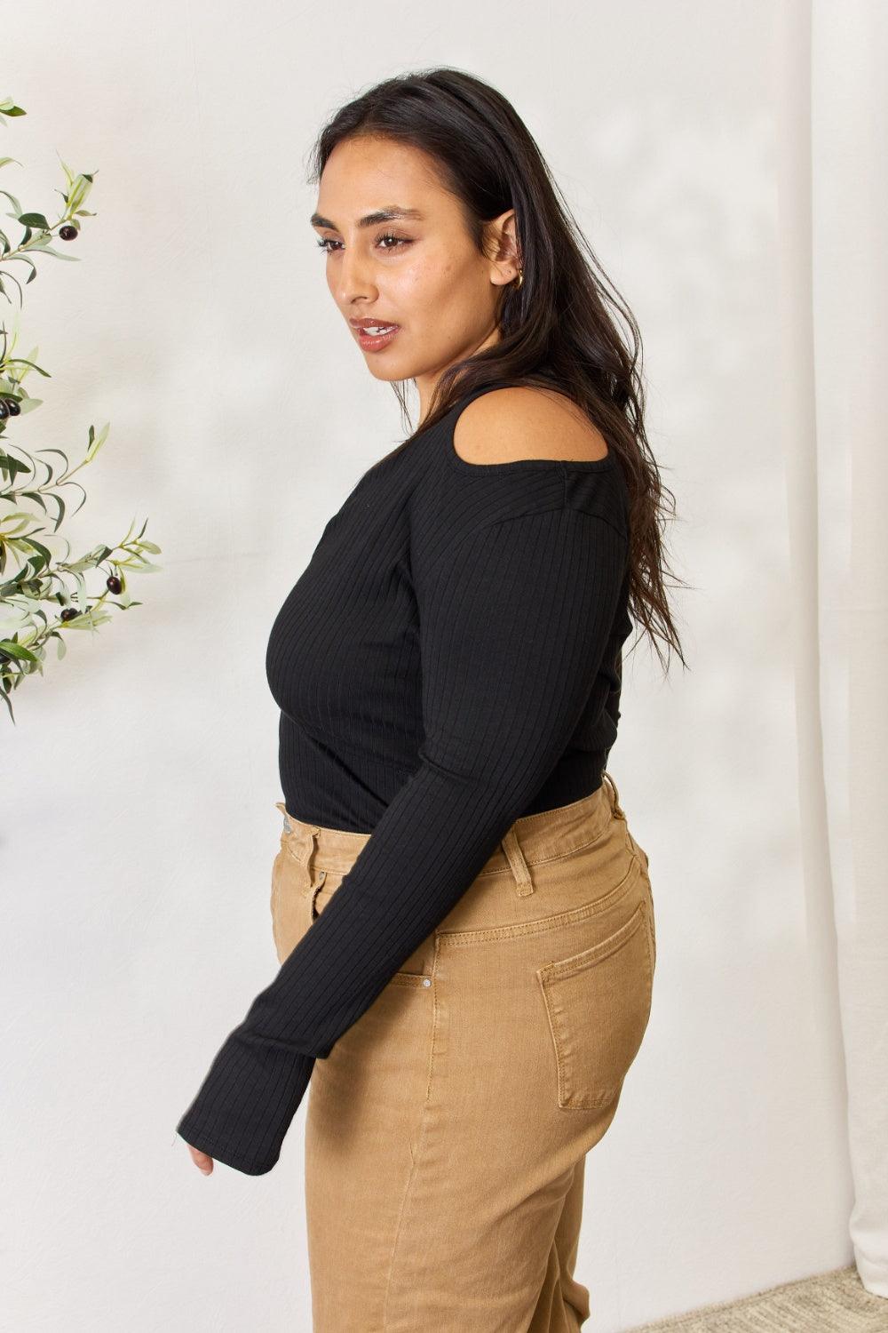 Culture Code Full Size Ribbed Surplice Cold Shoulder Top Carauana Store