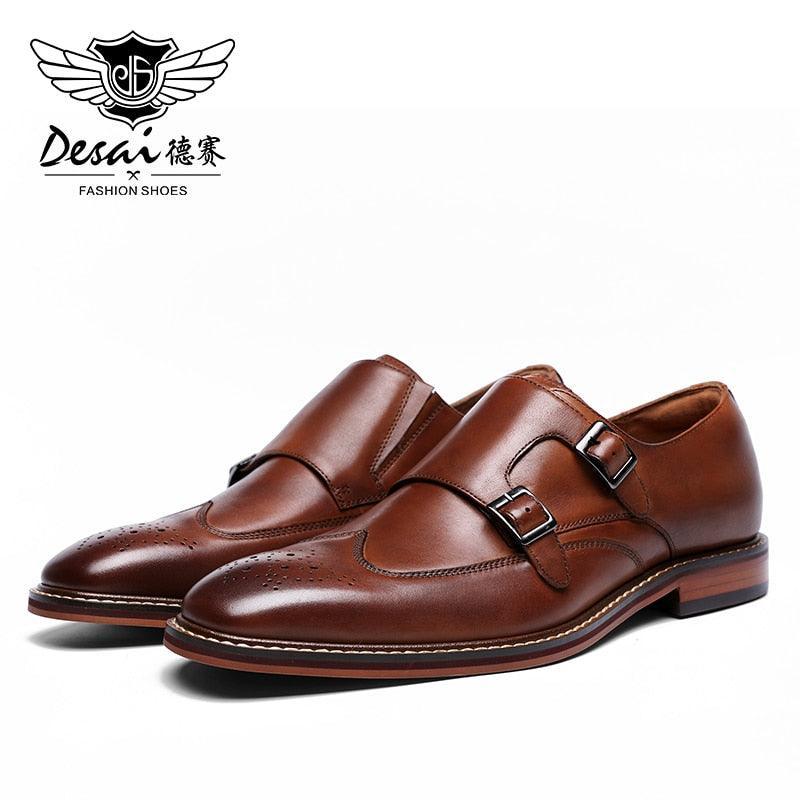 DESAI Monk Strap Slip on Genuine Leather Business Handmade Dress Brogue with Buckle Carauana Store