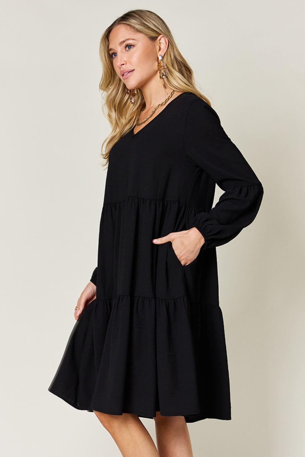 Double Take Full Size V-Neck Balloon Sleeve Tiered Dress Carauana Store