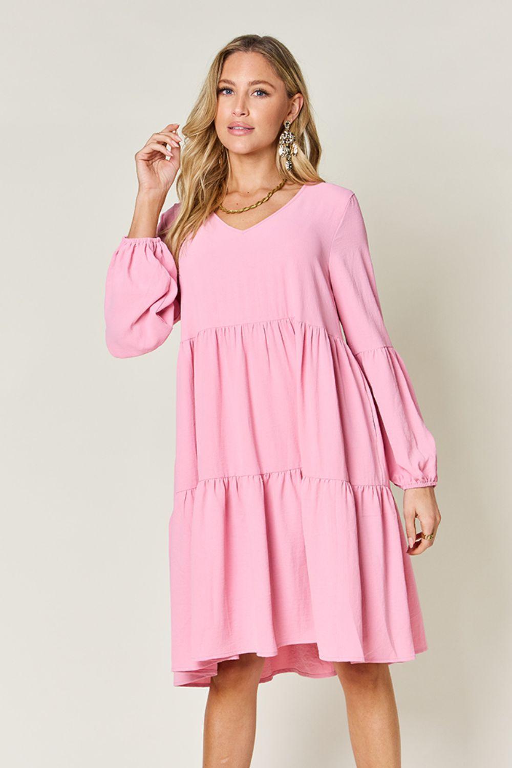 Double Take Full Size V-Neck Balloon Sleeve Tiered Dress Carauana Store