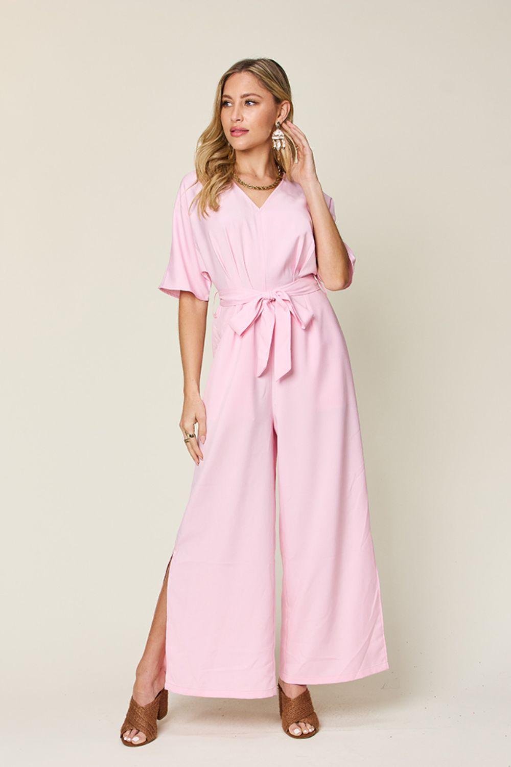 Double Take Full Size V-Neck Tie Front Short Sleeve Slit Jumpsuit Carauana Store