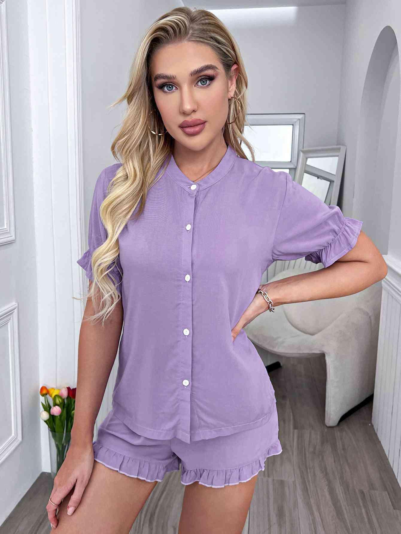 Flounce Sleeve Shirt and Frill Trim Shorts Lounge Set Carauana Store