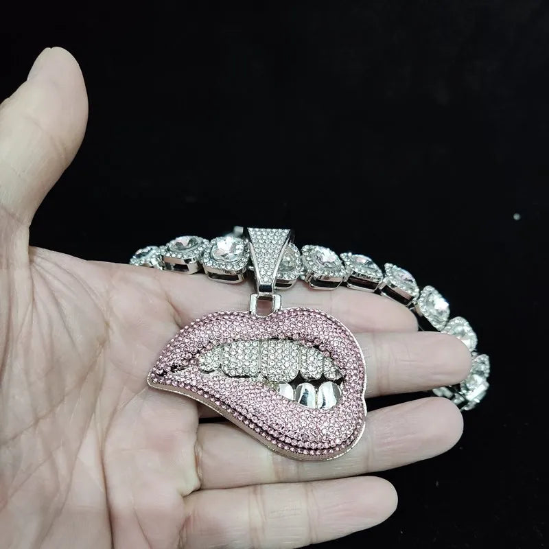 ZIDOM Bite Lip Necklace – Rhinestone Pendant