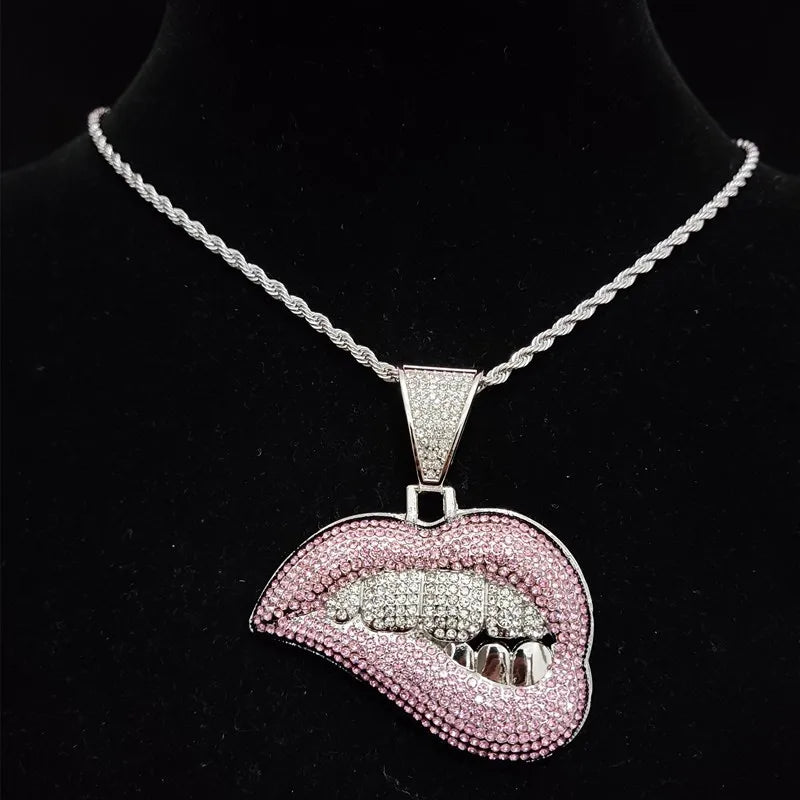 ZIDOM Bite Lip Necklace – Rhinestone Pendant