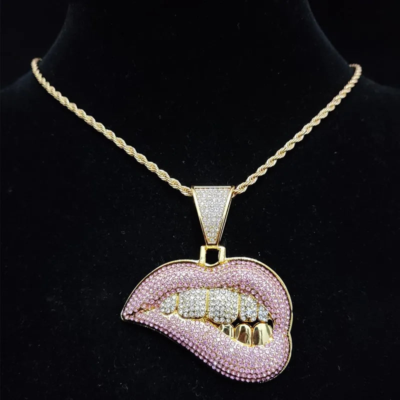 ZIDOM Bite Lip Necklace – Rhinestone Pendant