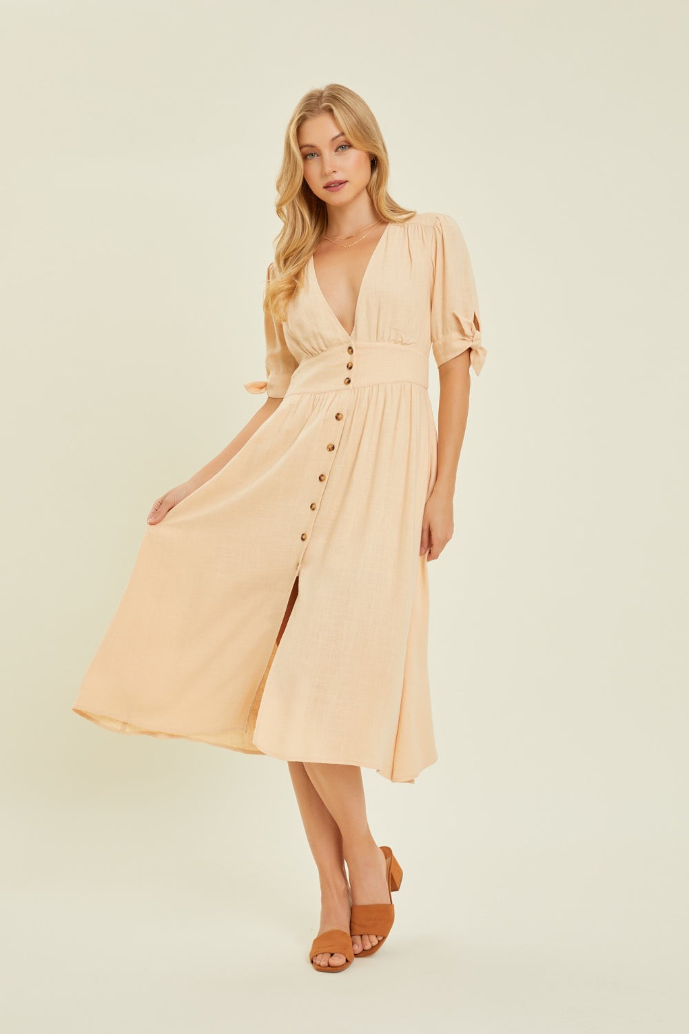 HEYSON Full Size Textured Linen V-Neck Button-Down Midi Dress Carauana Store