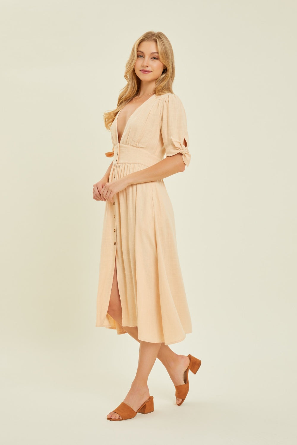 HEYSON Full Size Textured Linen V-Neck Button-Down Midi Dress Carauana Store