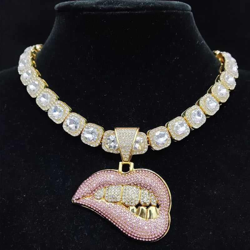 ZIDOM Bite Lip Necklace – Rhinestone Pendant