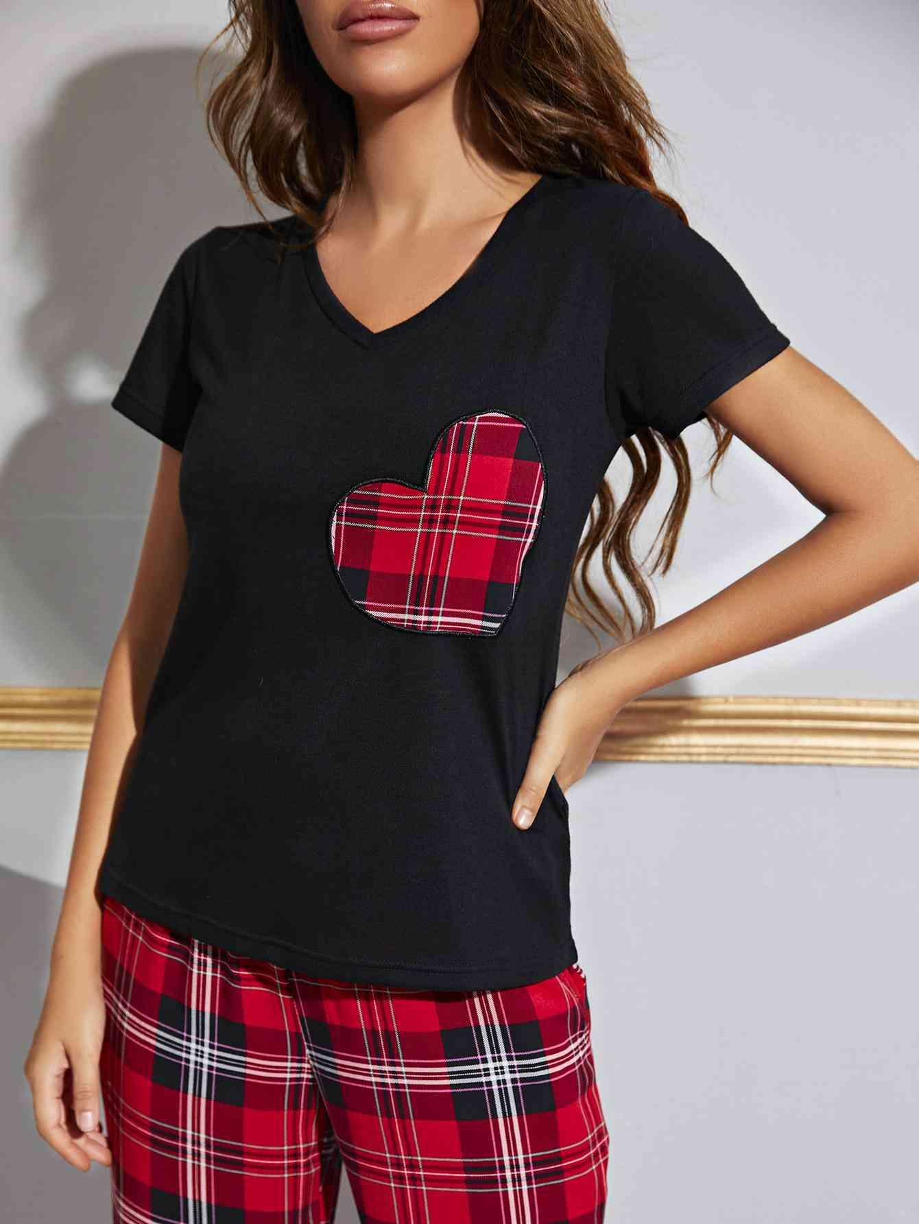 Heart Graphic V-Neck Top and Plaid Pants Lounge Set Carauana Store