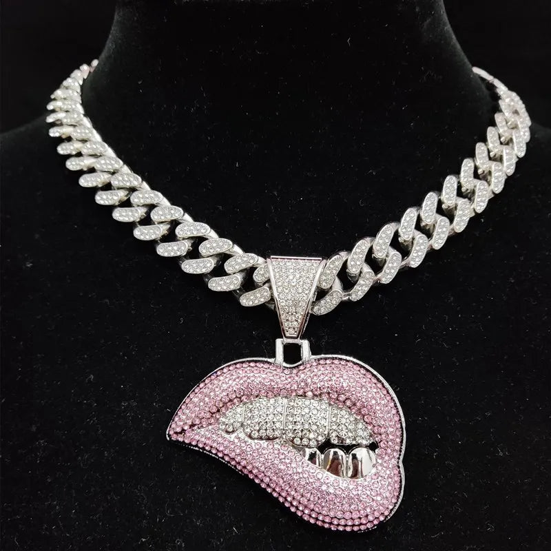 ZIDOM Bite Lip Necklace – Rhinestone Pendant