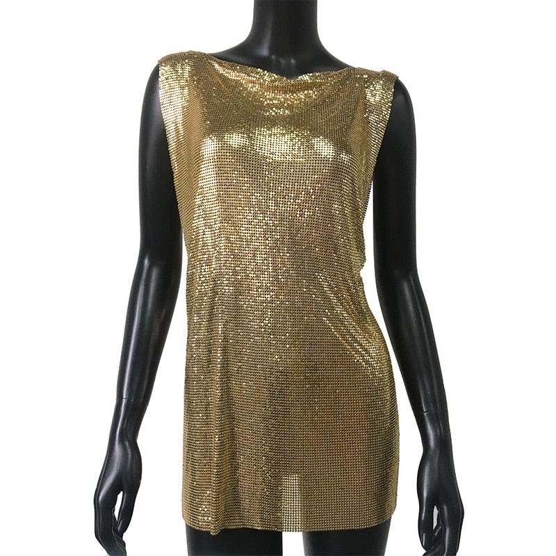 Mini Dress Crew Neck Metalic Split Mesh Harness Body Chain Nightclub Party Carauana Store