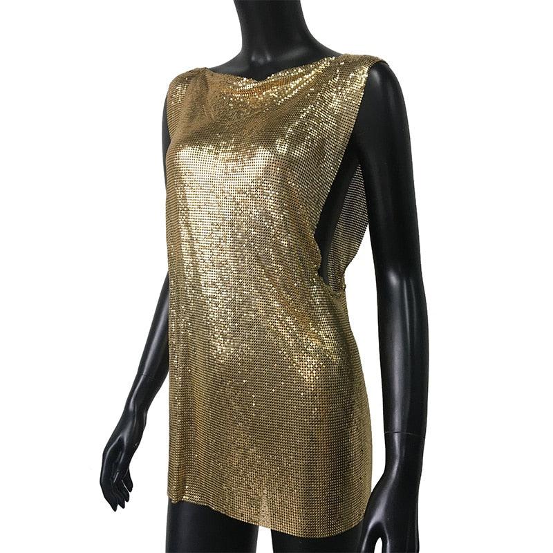 Mini Dress Crew Neck Metalic Split Mesh Harness Body Chain Nightclub Party Carauana Store
