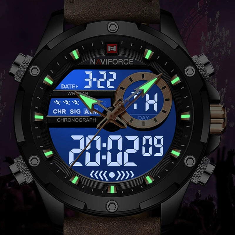 Naviforce watch with digital display on a dark background