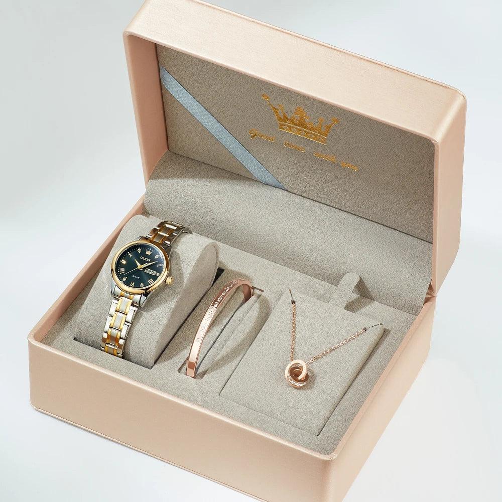 OLEVS 5567 Classic Quartz Watch for Women Set Elegant Dress Luminous Waterproof Week Date Clock Stainless Steel Wristwatch Gift Carauana Store
