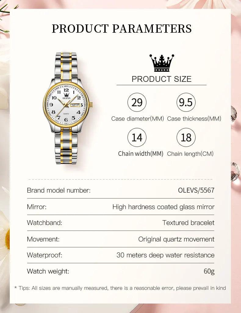 OLEVS 5567 Classic Quartz Watch for Women Set Elegant Dress Luminous Waterproof Week Date Clock Stainless Steel Wristwatch Gift Carauana Store