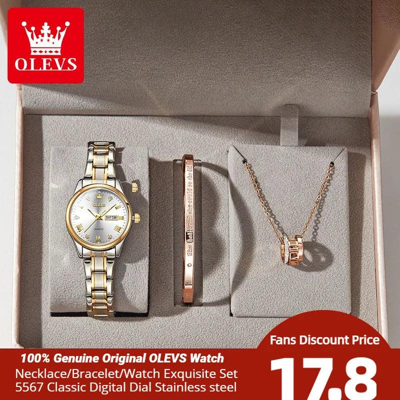 OLEVS 5567 Classic Quartz Watch for Women Set Elegant Dress Luminous Waterproof Week Date Clock Stainless Steel Wristwatch Gift Carauana Store