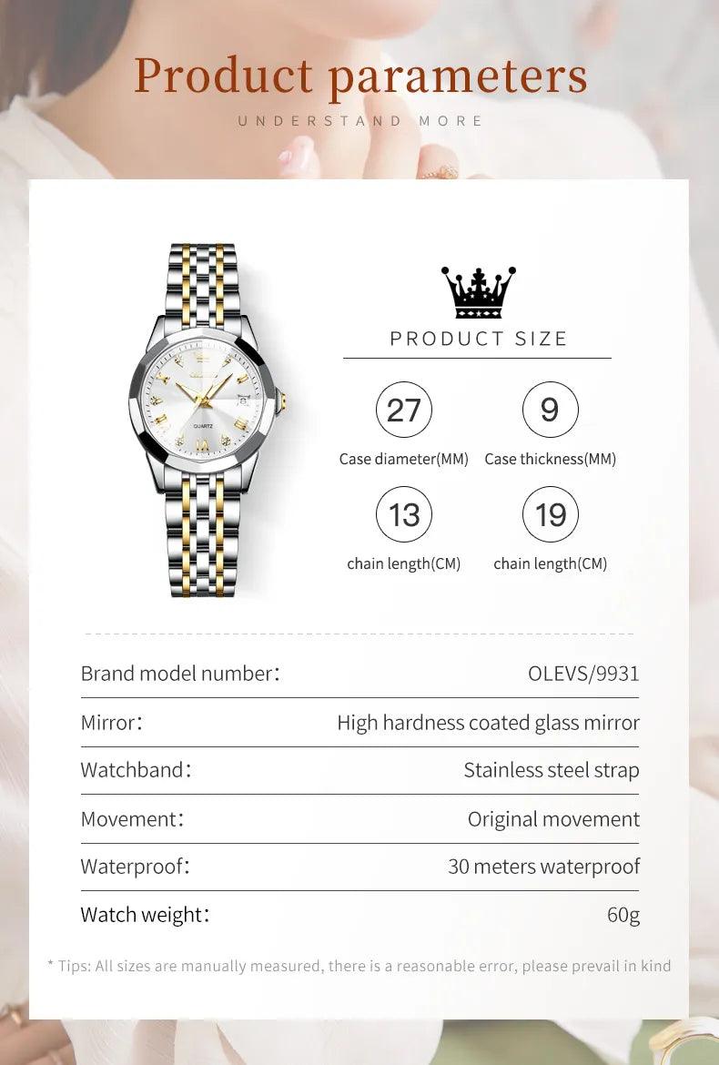 OLEVS women's Stainless Steel Luxury Quartz Watch | Sleek Design with Push Button Clasp and 3Bar Water Resistance Carauana Store