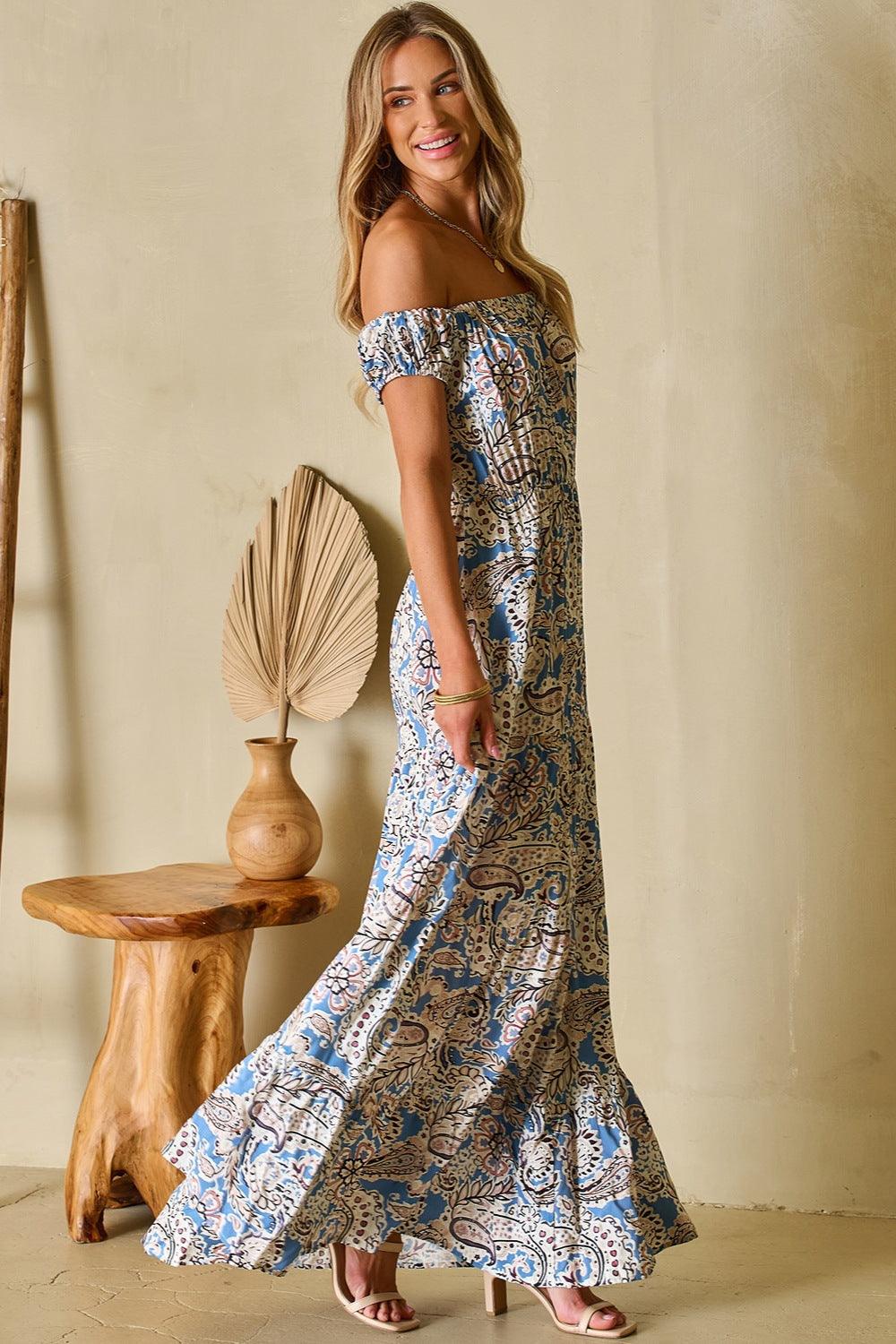 Printed Off-Shouder Short Sleeve Dress Carauana Store