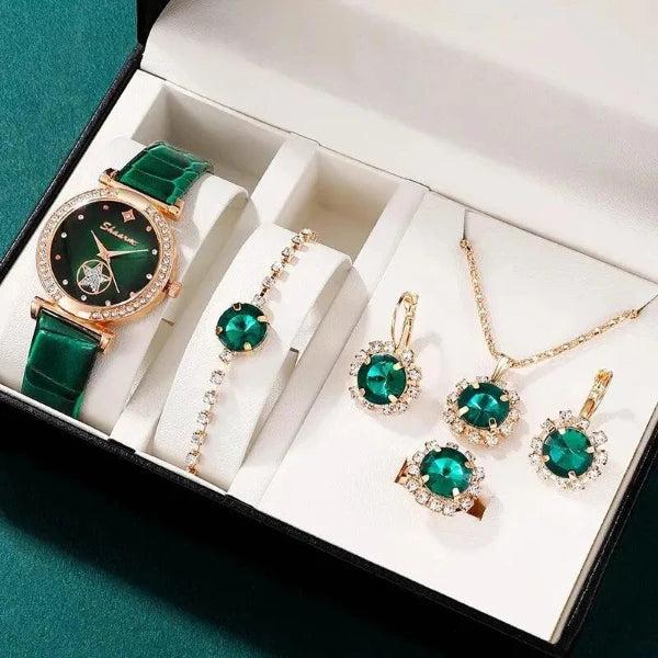 Set jewelry Wristwatch 6PCS Green Luxury Ring Necklace Earring bracelet Rhinestone Carauana Store