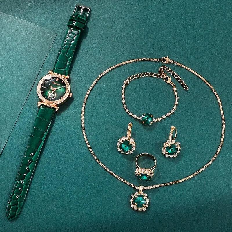 Set jewelry Wristwatch 6PCS Green Luxury Ring Necklace Earring bracelet Rhinestone Carauana Store