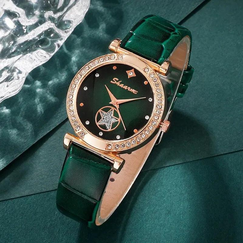 Set jewelry Wristwatch 6PCS Green Luxury Ring Necklace Earring bracelet Rhinestone Carauana Store
