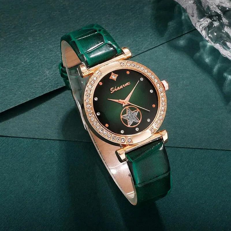 Set jewelry Wristwatch 6PCS Green Luxury Ring Necklace Earring bracelet Rhinestone Carauana Store