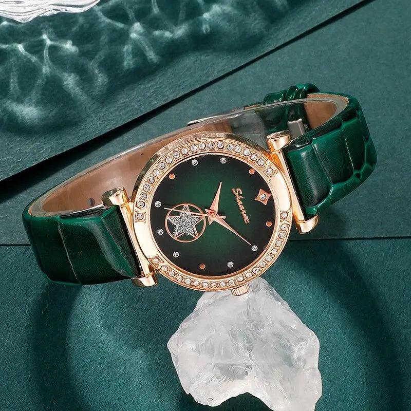 Set jewelry Wristwatch 6PCS Green Luxury Ring Necklace Earring bracelet Rhinestone Carauana Store
