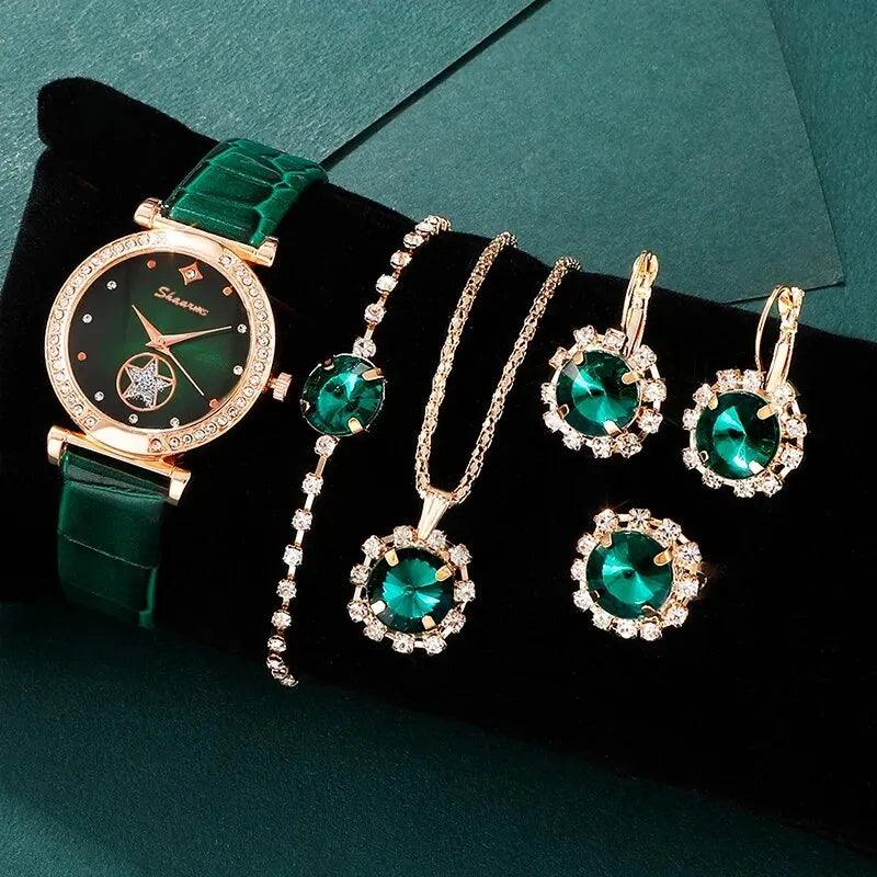 Set jewelry Wristwatch 6PCS Green Luxury Ring Necklace Earring bracelet Rhinestone Carauana Store