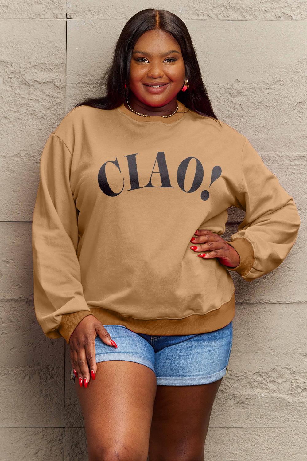 Simply Love Full Size CIAO!Round Neck Sweatshirt Carauana Store