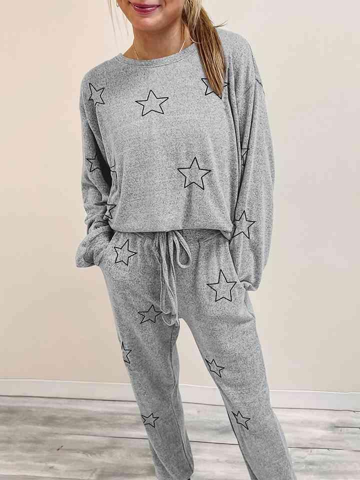 Star Print Long Sleeve Top and Pants Lounge Set Carauana Store