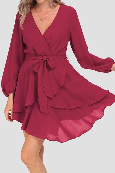 Tied Surplice Balloon Sleeve Layered Dress Carauana Store