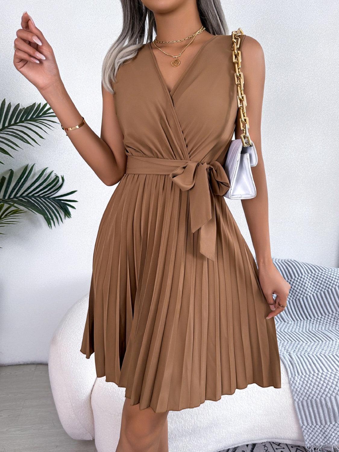 Tied Surplice Sleeveless Pleated Dress Carauana Store