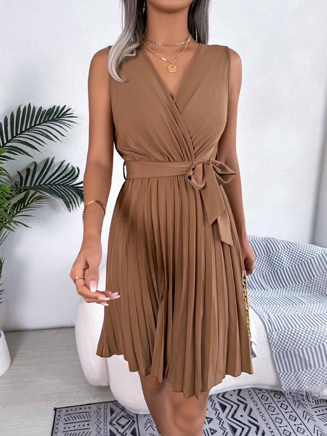 Tied Surplice Sleeveless Pleated Dress Carauana Store