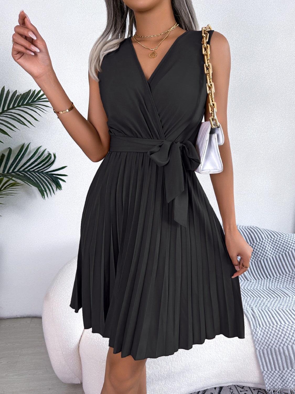 Tied Surplice Sleeveless Pleated Dress Carauana Store
