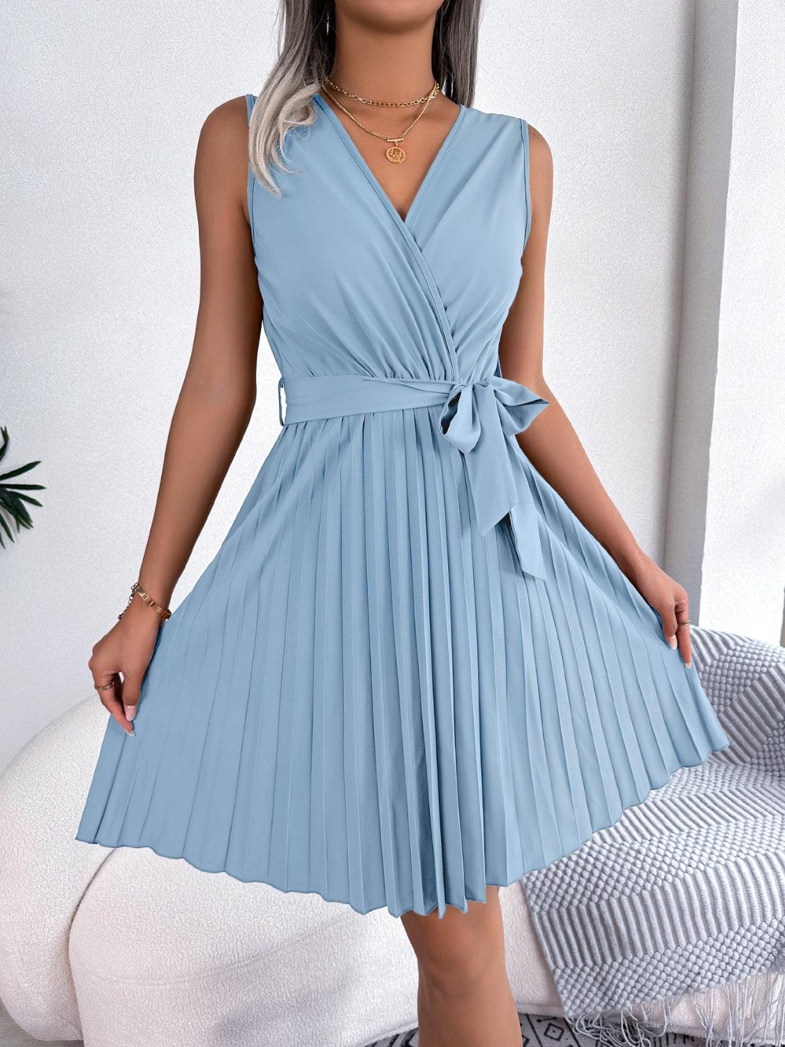 Tied Surplice Sleeveless Pleated Dress Carauana Store
