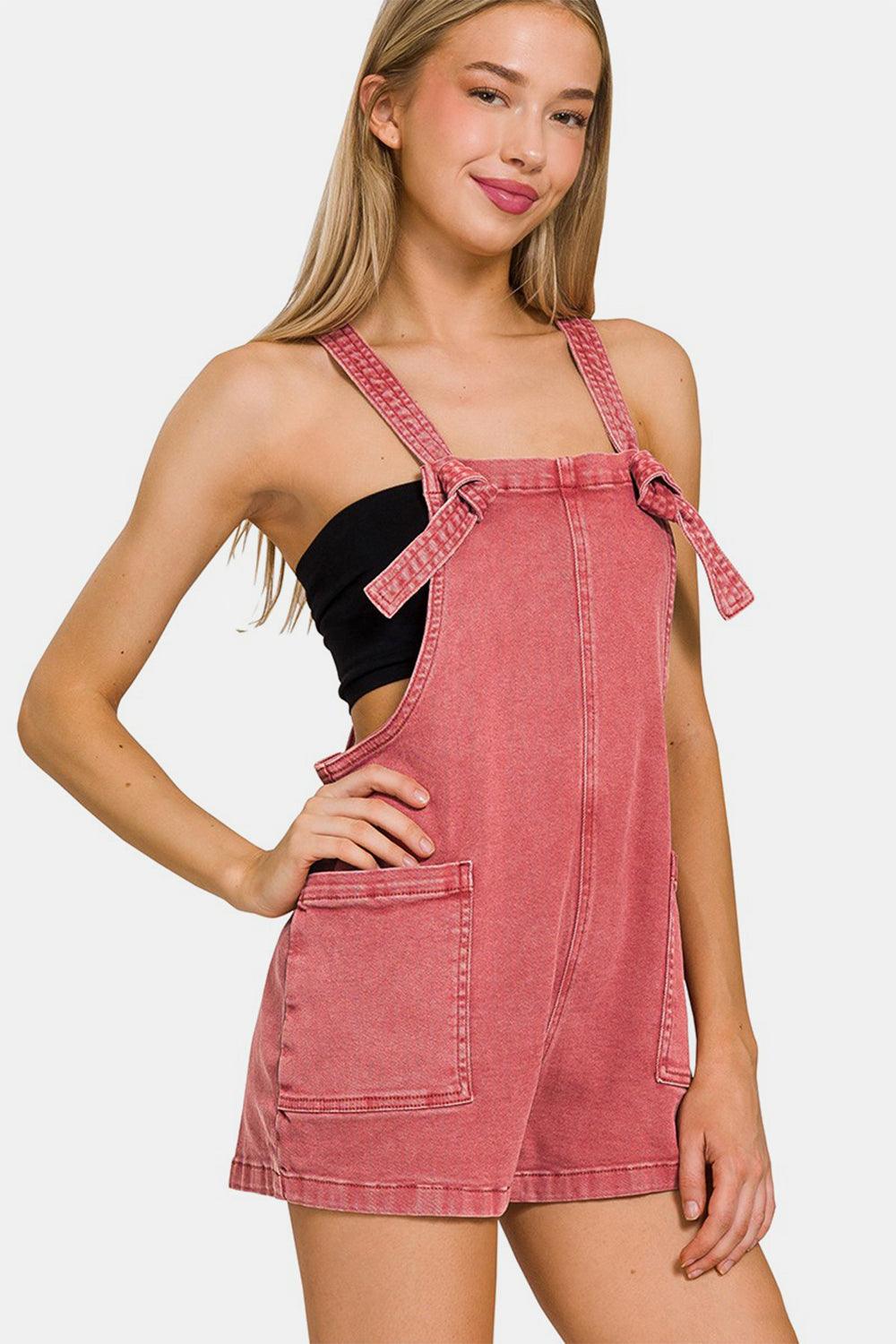 Zenana Washed Knot Strap Rompers Carauana Store