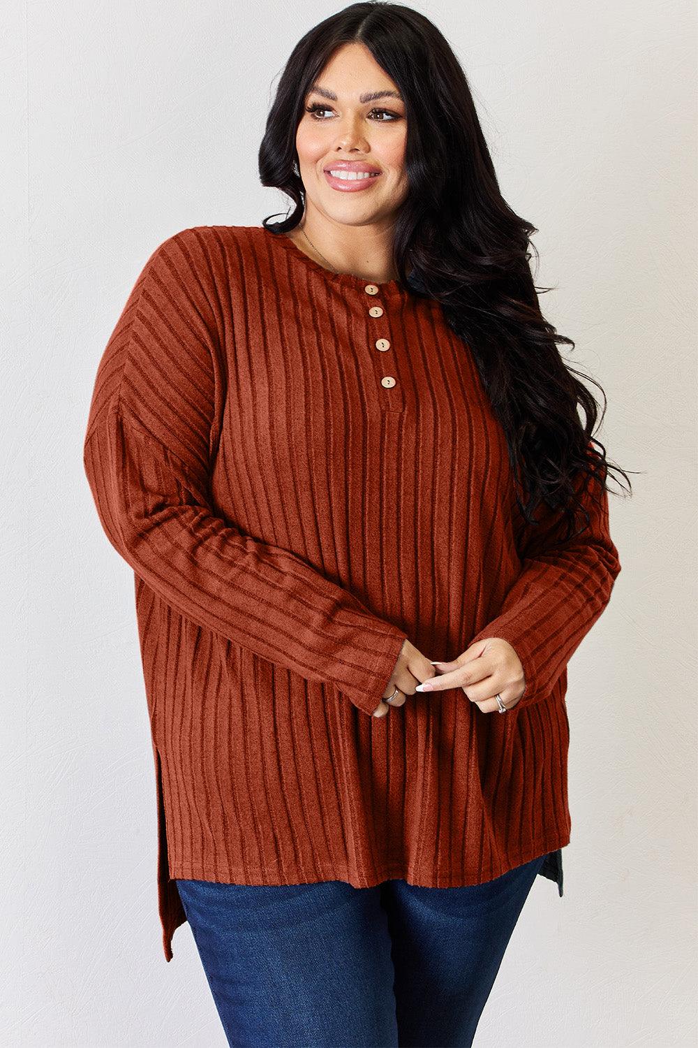 Basic Bae Full Size Ribbed Half Button Long Sleeve High-Low T-Shirt Carauana Store