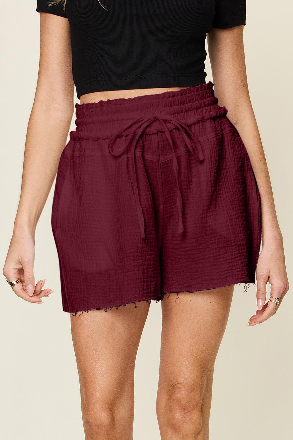 Double Take Full Size Texture Raw Trim Drawstring Shorts Carauana Store