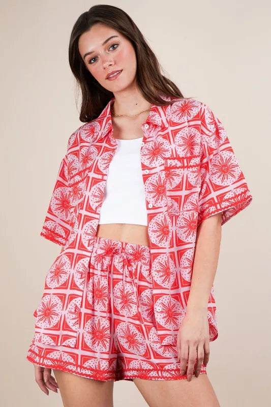 VERY J Full Size Tropical Printed Shirt Top and Shorts Set Plus Size Carauana Store
